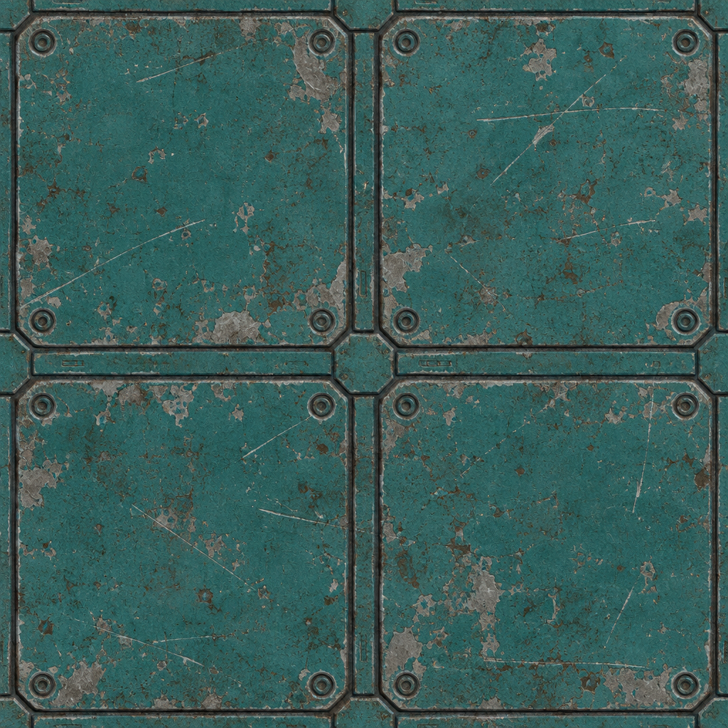 Weathered Teal Metal Grid Panels with Scratches and Bolts Texture preview showing a worn metal texture