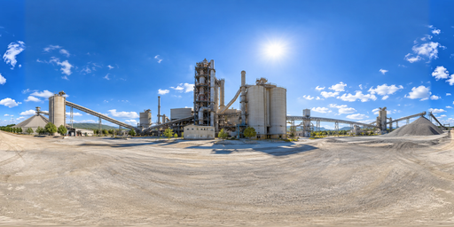 Blue-sky Noon Cement Plant Under Scattered Clouds HDRI Sphere preview showing a 360-degree HDRI environment sphere