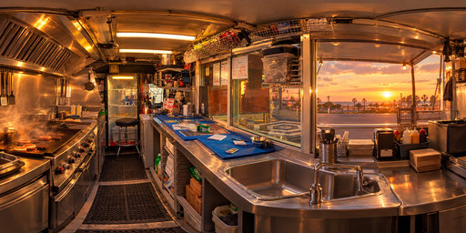 Amber Sunset Waterfront Kitchen Interior HDRI Sphere preview showing a 360-degree HDRI environment sphere