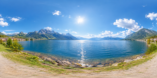 Sunny Blue Alpine Lake And Snowy Peaks HDRI Sphere preview showing a 360-degree HDRI environment sphere