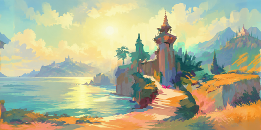 Painterly Teal Castle Coast At Hazy Golden Morning HDRI Sphere preview showing a 360-degree HDRI environment sphere