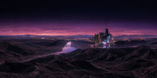 Magenta Dusk Valley With City Lights And River HDRI Sphere preview showing a 360-degree HDRI environment sphere