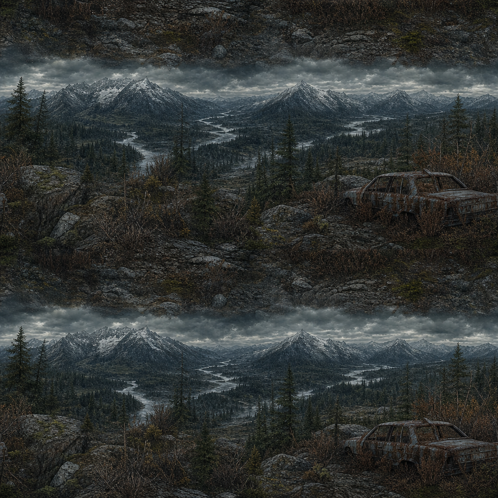 Stormy Coastal Forest and Rusted Car Scenic Texture preview showing a worn wood texture