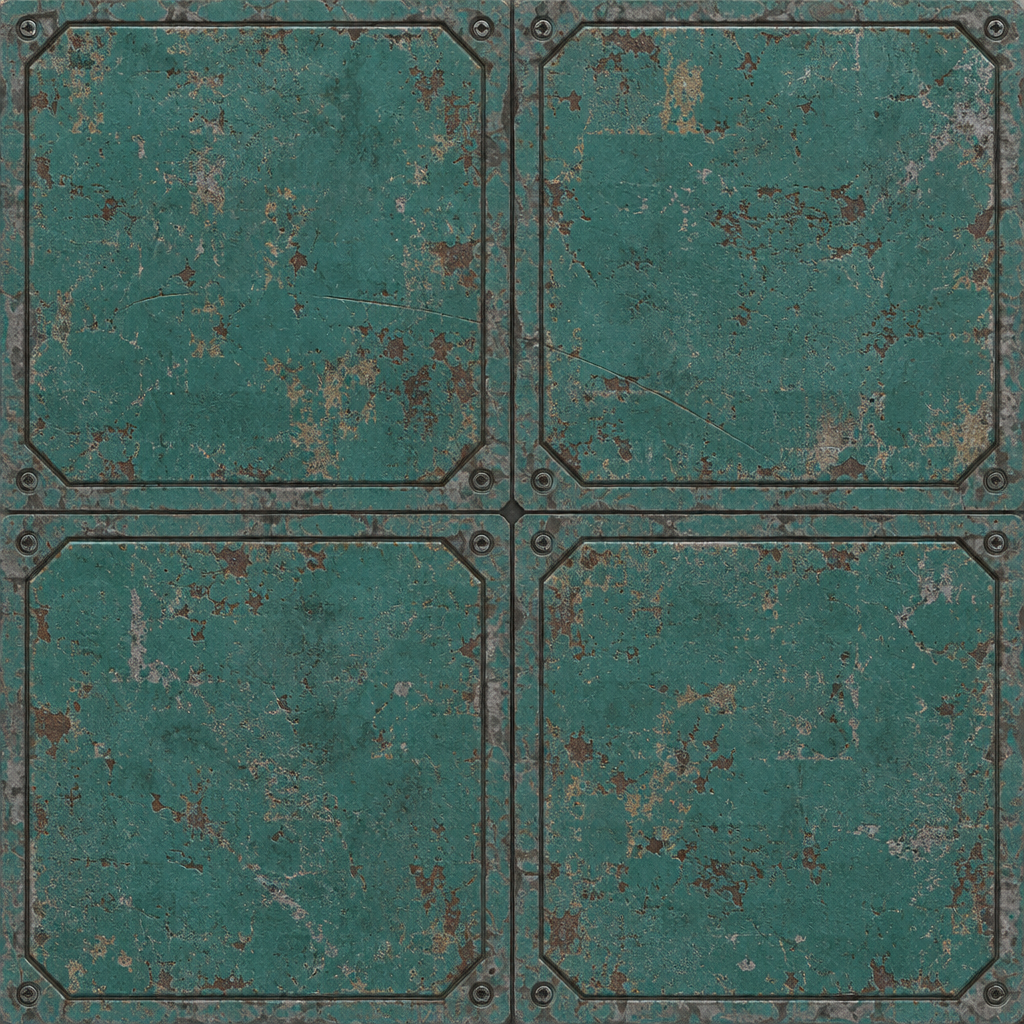 Teal Steel Grid with Chamfered Plate Corners and Rust Texture preview showing a worn metal texture