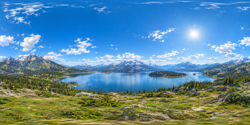 High-sun Alpine Lake With Green Rocky Shore HDRI Sphere preview showing a 360-degree HDRI environment sphere