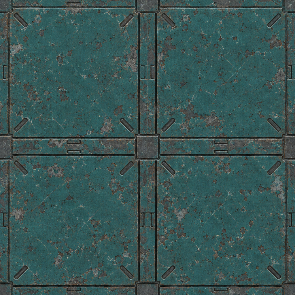 Dark Teal Weathered Metal Panel Grid with Riveted Seams Texture preview showing a worn metal texture