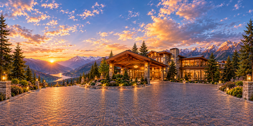 Lodge Facade And Alpine Courtyard In Golden Hour HDRI Sphere preview showing a 360-degree HDRI environment sphere