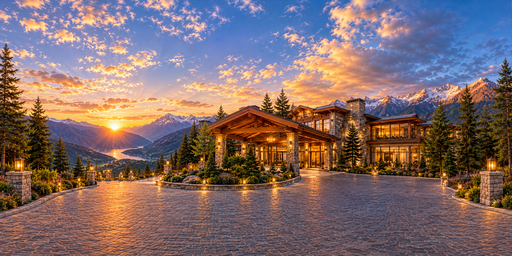 Alpine Resort Courtyard Under Peach Sunset HDRI Sphere preview showing a 360-degree HDRI environment sphere