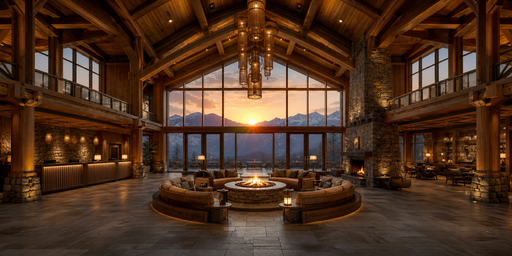 Warm Timber Lodge Interior At Mountain Sunset HDRI Sphere preview showing a 360-degree HDRI environment sphere