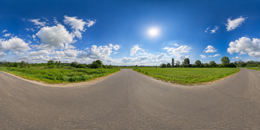 Sunny Open Road Through Green Grassland HDRI Sphere preview showing a 360-degree HDRI environment sphere