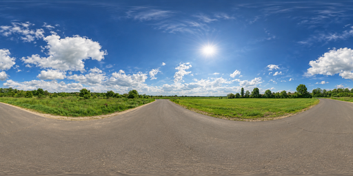 Sunny Country Road Across Low Green Fields HDRI Sphere preview showing a 360-degree HDRI environment sphere