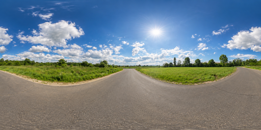 Curving Country Road Beneath Bright Cumulus Clouds HDRI Sphere preview showing a 360-degree HDRI environment sphere