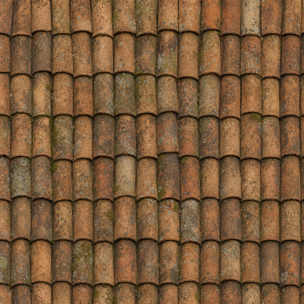 Orange Terracotta Roof Tiles with Moss and Weathering Texture preview showing a worn ceramic texture
