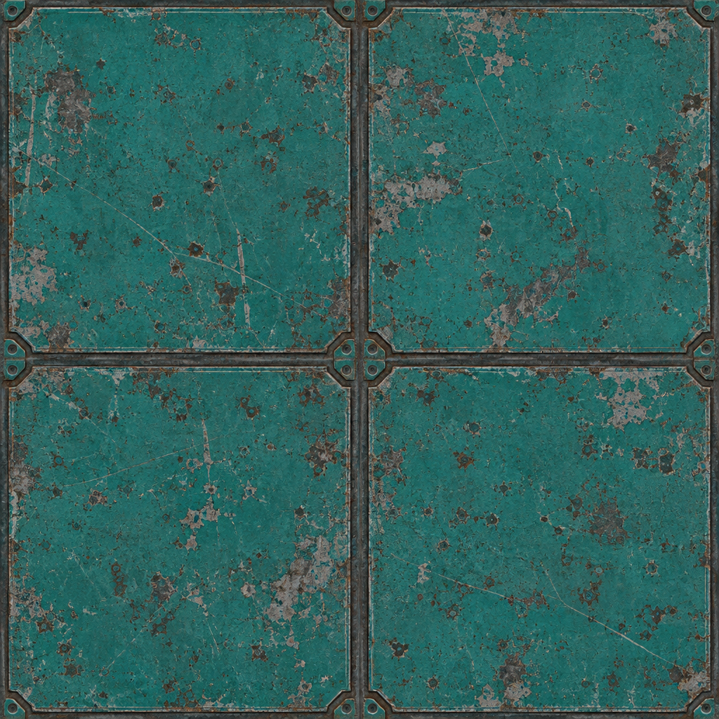 Mottled Teal Steel Plates with Rust Blooms and Cross Rails Texture preview showing a worn metal texture