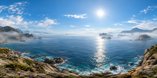 High-sun Rocky Cove And Blue Sea HDRI Sphere preview showing a 360-degree HDRI environment sphere