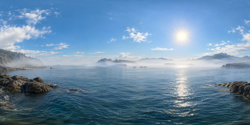 Misty Pale-blue Bay With Sunlit Rocky Shores HDRI Sphere preview showing a 360-degree HDRI environment sphere