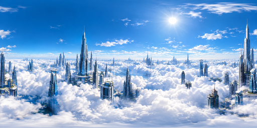 Sunlit Silver Towers Rising Above White Clouds HDRI Sphere preview showing a 360-degree HDRI environment sphere