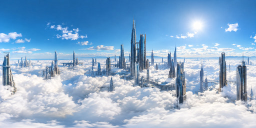 Sunlit Cloud City With A Central Silver Spire HDRI Sphere preview showing a 360-degree HDRI environment sphere
