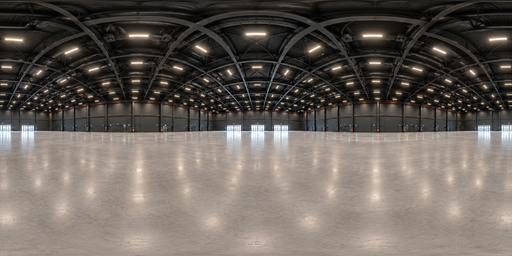 Warm-lit Industrial Hangar Interior HDRI Sphere preview showing a 360-degree HDRI environment sphere