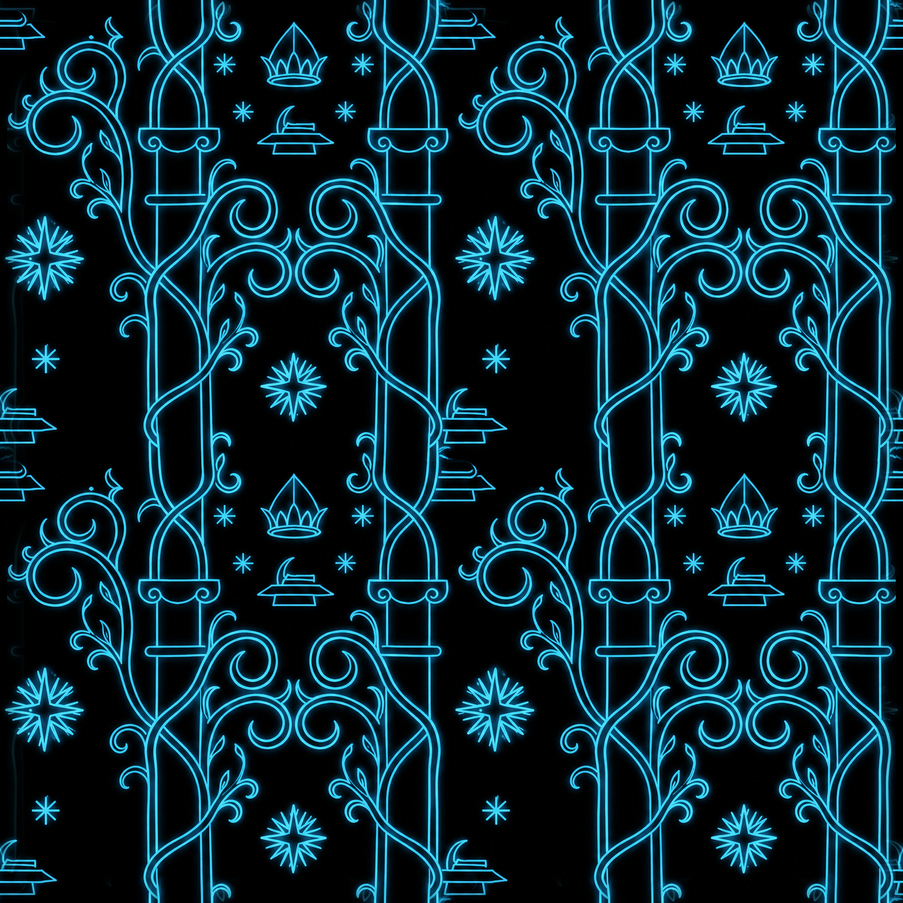 Cyan Neon Crown And Vine Scrollwork Texture