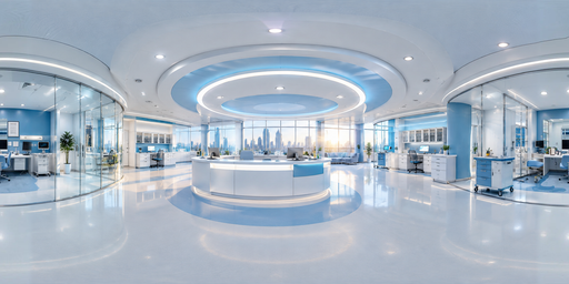 Bright Blue-white Medical Clinic Interior HDRI Sphere preview showing a 360-degree HDRI environment sphere