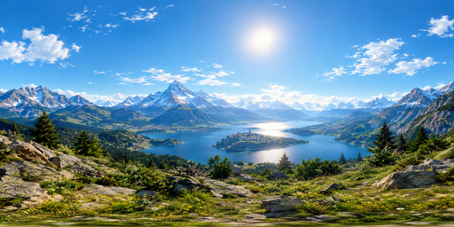 Blue Alpine Lake And Snowy Peaks In Bright Midday Sun HDRI Sphere preview showing a 360-degree HDRI environment sphere
