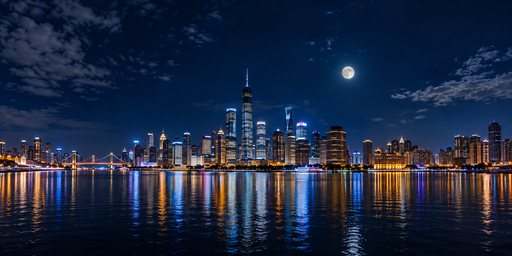 Bright-moon Blue Riverfront Towers HDRI Sphere preview showing a 360-degree HDRI environment sphere