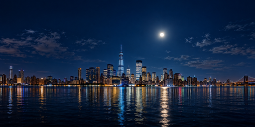 Moonlit Blue Waterfront Skyline And Bridge HDRI Sphere preview showing a 360-degree HDRI environment sphere