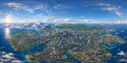 Sunny Island Metropolis Panorama HDRI Sphere preview showing a 360-degree HDRI environment sphere