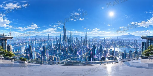 Clear Noon Sci-Fi Skyline Terrace HDRI Sphere preview showing a 360-degree HDRI environment sphere