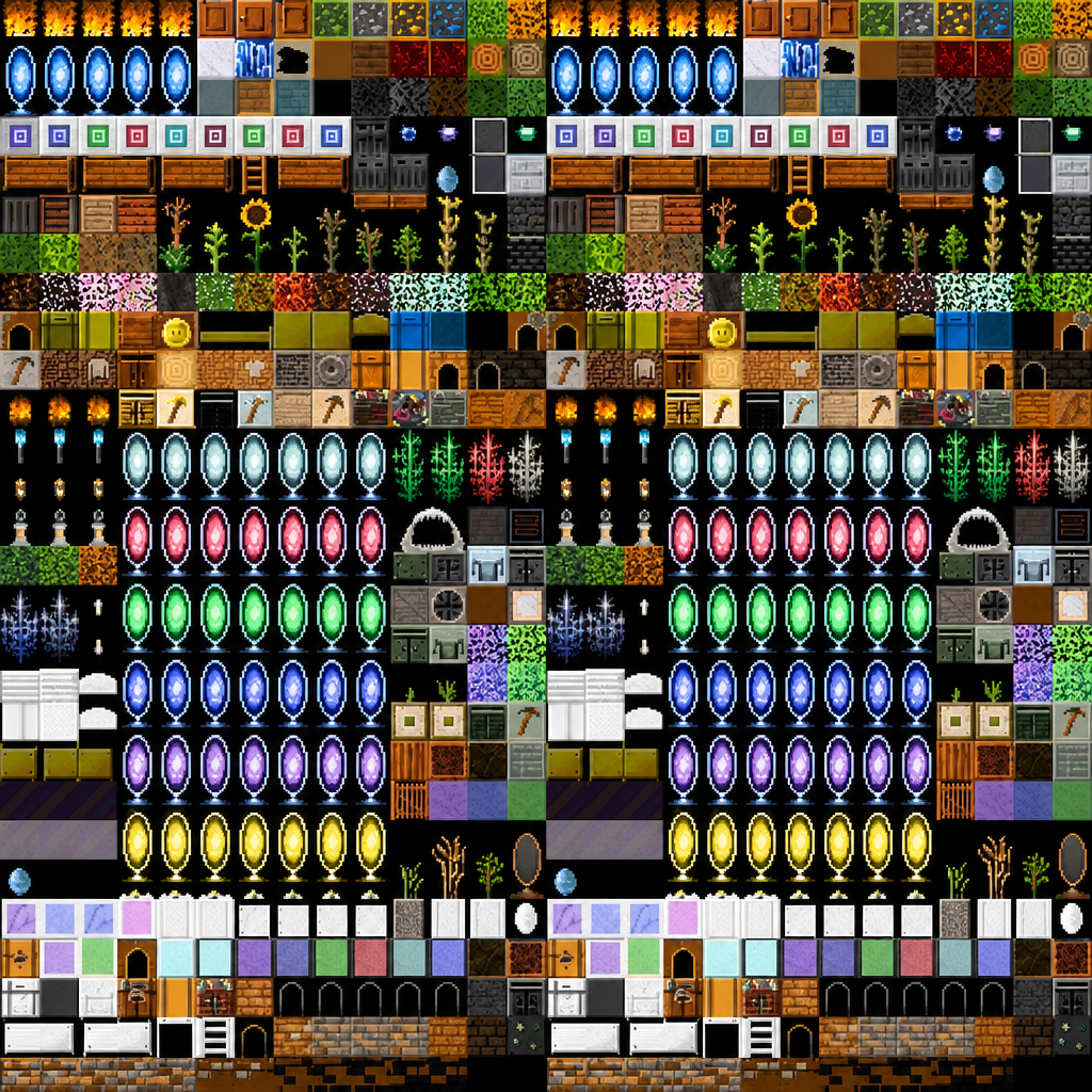 Colorful Pixel-Art Game Tile and Sprite Atlas Texture preview showing a surface ceramic texture