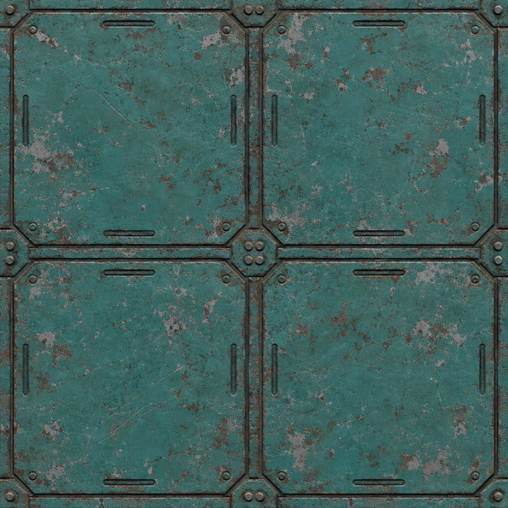 Weathered Teal Sci-Fi Riveted Panel Grid Texture preview showing a worn sci-fi texture