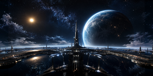 Planetlit Sci-Fi Spire At Blue Night HDRI Sphere preview showing a 360-degree HDRI environment sphere
