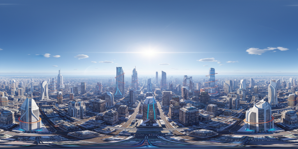 Clear Daylight City Skyline HDRI Sphere preview showing a 360-degree HDRI environment sphere