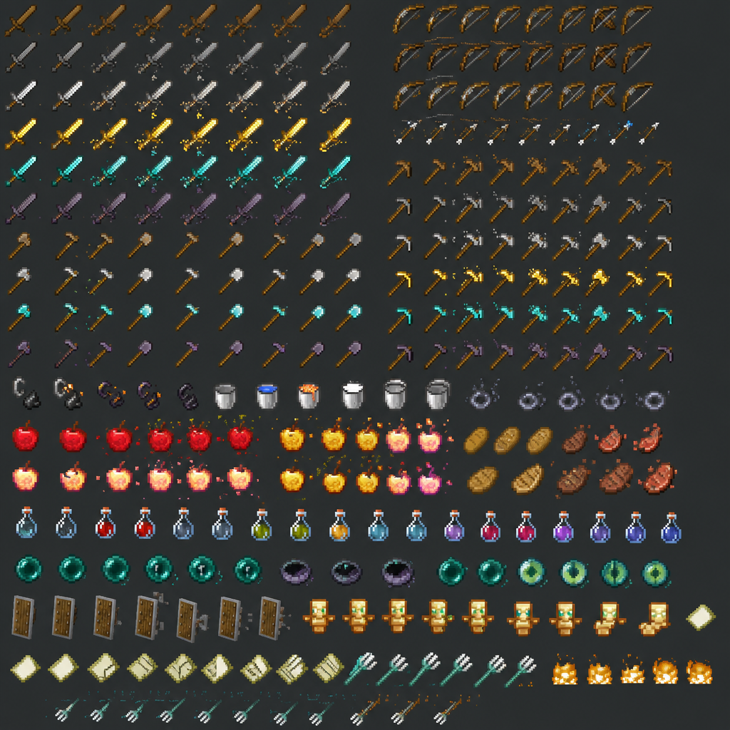 Charcoal Pixel-Art Tools and Items Sprite Sheet Texture preview showing a surface UI texture