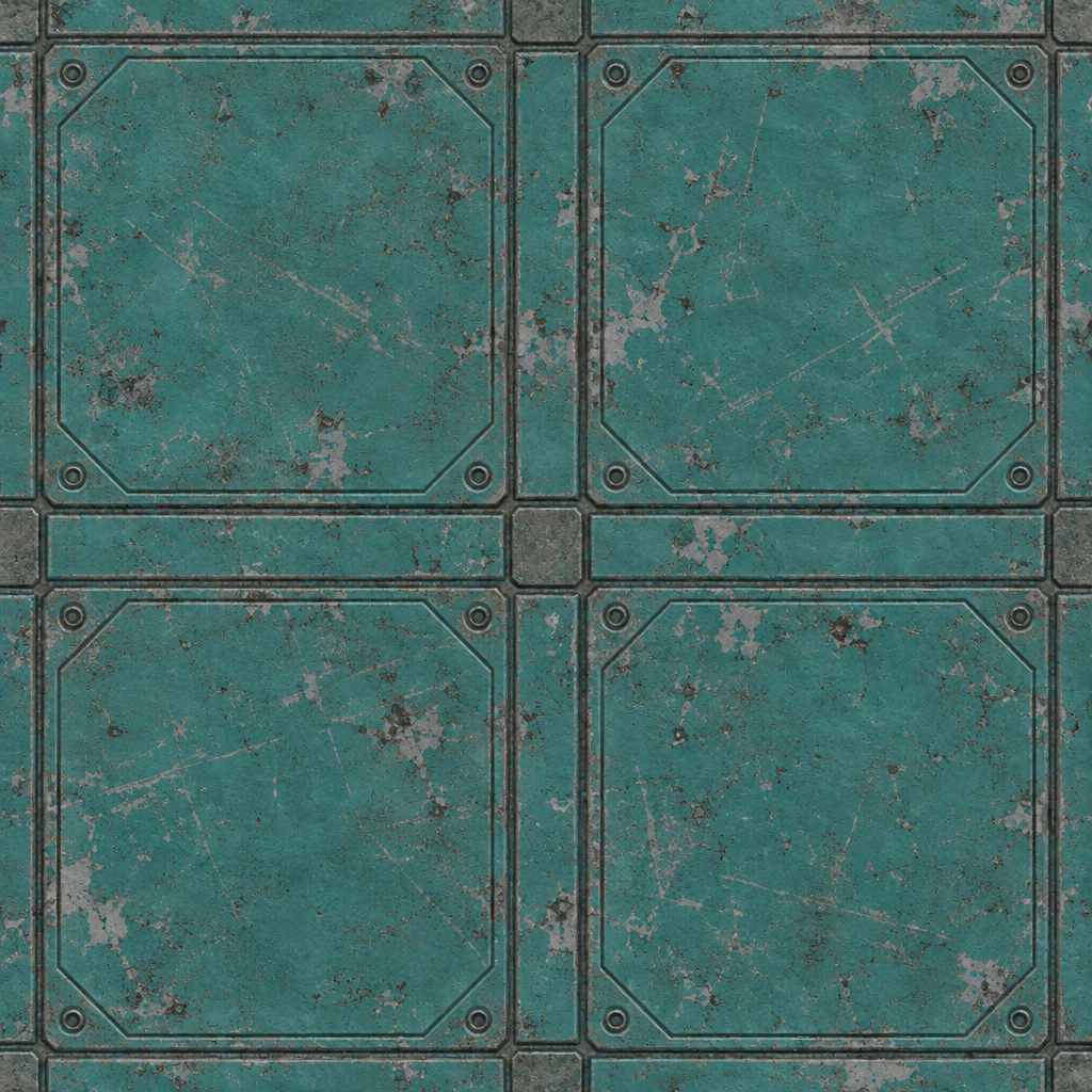 Scuffed Blue-Green Octagonal-Inset Panel Texture preview showing a worn sci-fi texture
