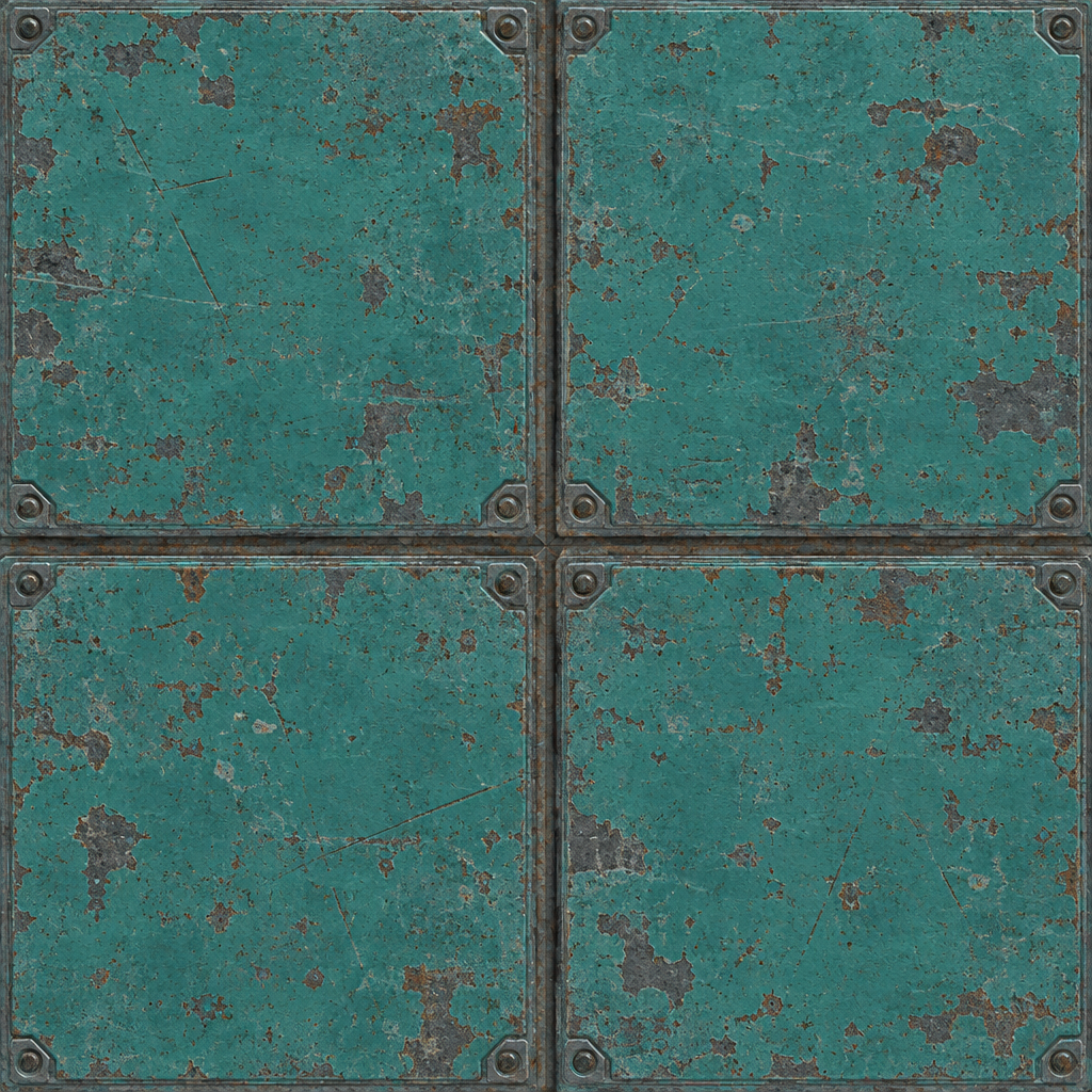 Oxidized Teal Riveted Sci-Fi Square-Panel Grid Texture preview showing a industrial sci-fi texture