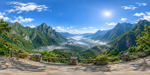 Sunlit Green Mountain Valley Beneath White Cumulus HDRI Sphere preview showing a 360-degree HDRI environment sphere