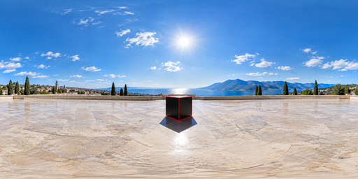 Sunny Stone Plaza With Cube And Blue Mountain Horizon HDRI Sphere preview showing a 360-degree HDRI environment sphere