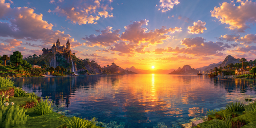 Fantasy Castle Lake At Orange Cloud Sunset HDRI Sphere preview showing a 360-degree HDRI environment sphere