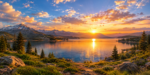 Pine-framed Mountain Lake And Golden Sunset HDRI Sphere preview showing a 360-degree HDRI environment sphere