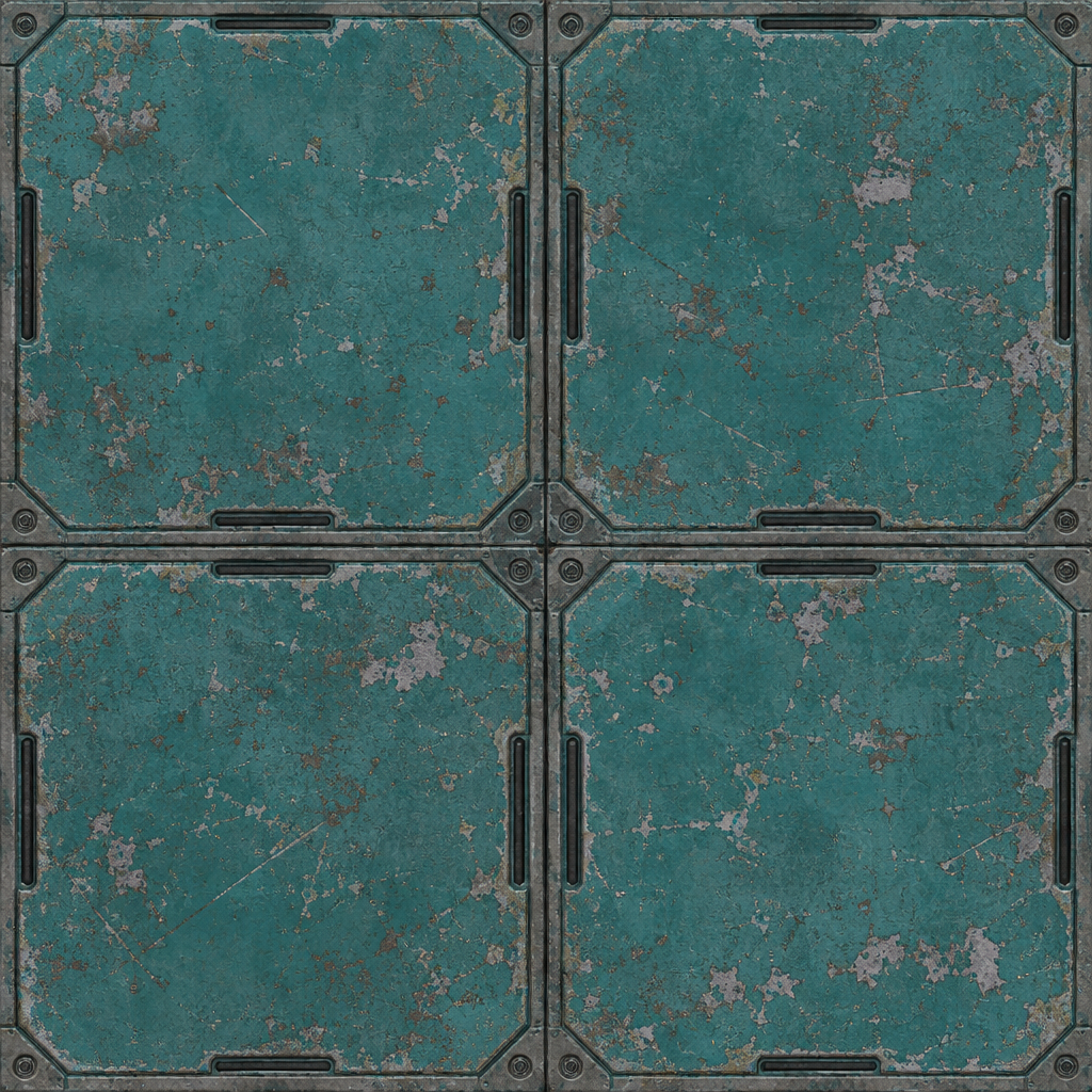 Weathered Teal Rusted Sci-Fi Metal Panel Texture preview showing a worn sci-fi texture