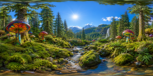 Sunny Mushroom Forest Stream And Mossy Rocks HDRI Sphere preview showing a 360-degree HDRI environment sphere