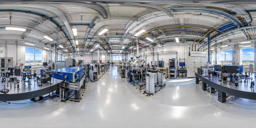 Bright White Factory Hall With Blue Assembly Equipment HDRI Sphere preview showing a 360-degree HDRI environment sphere