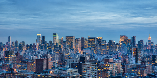 Blue-hour Downtown Skyline Under Thin Cloud HDRI Sphere preview showing a 360-degree HDRI environment sphere