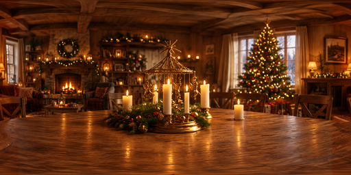 Warm Evening Candlelit Christmas Dining Room HDRI Sphere preview showing a 360-degree HDRI environment sphere