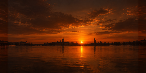 Orange Clouded Sunset Over A Spired Harbor And Reflective HDRI Sphere preview showing a 360-degree HDRI environment sphere