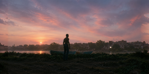 Rose-clouded Sunset Over A Waterfront Town And Dark HDRI Sphere preview showing a 360-degree HDRI environment sphere