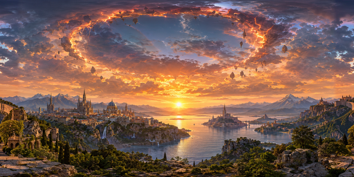 Golden Cloud Ring Above A Mountain Harbor At Sunset HDRI Sphere preview showing a 360-degree HDRI environment sphere