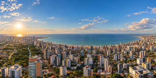 Golden-hour Coastal City Around A Blue Bay HDRI Sphere preview showing a 360-degree HDRI environment sphere